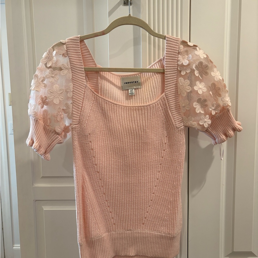 Women's Pink Sweater with Floral Puff Sleeves